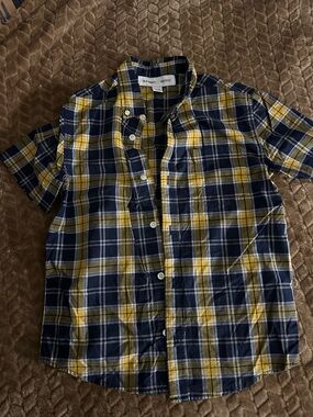Old Navy Boys Navy & Yellow Plaid Short-Sleeve Button-Up Shirt